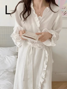 白色女士浴袍，简约欧式长袖睡衣家居服，白色荷叶边浴袍，轻薄面料，纯色，适合春、秋、夏居家穿着，适合居家、浴室和水疗中心使用，可用作晨袍和睡衣。 - 彩色 - 查看 13