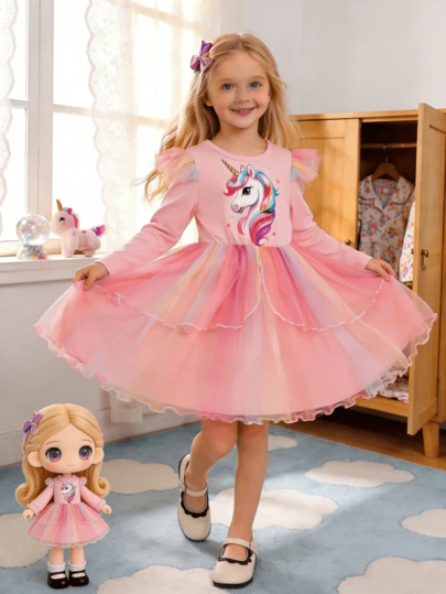 Girls Autumn/Winter Cartoon Rainbow Unicorn Print Cap Sleeve Mesh Overlay Dress, Cute Princess Style, Suitable For Parties, Outdoor Casual Wear