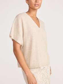Suéter de punto elegante y casual para mujer, diseño de cuello en V de manga corta y unicolor, estilo suelto y relajado, top minimalista de moda para ir al trabajo, ropa de calle para mujer, ropa de verano para exteriores - Beis - Ver 2