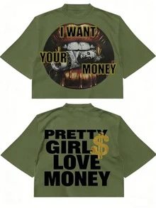 Fly "I Want Your Money" Hip-Hop Flow T-Shirt Pure Cotton Double-Sided Printed T-Shirt, Suitable For Men And Women,Top Pick Gift For Summer Casual Tees - 綠色 - 查看 17