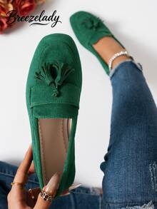 Breezelady Ladies' Elegant Square Flat-Toed Green Suede Tassels And Floral Pendant Loafers Are Suitable For Spring, Summer, Autumn And Winter - màu xanh lá - Xem 1
