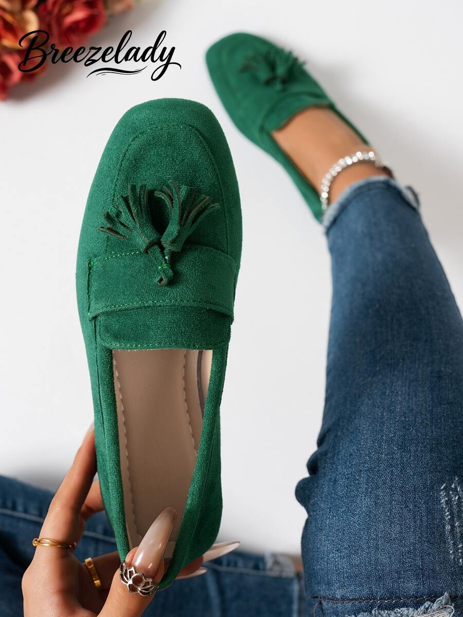 Breezelady Ladies' Elegant Square Flat-Toed Green Suede Tassels And Floral Pendant Loafers Are Suitable For Spring, Summer, Autumn And Winter - màu xanh lá - Xem 1