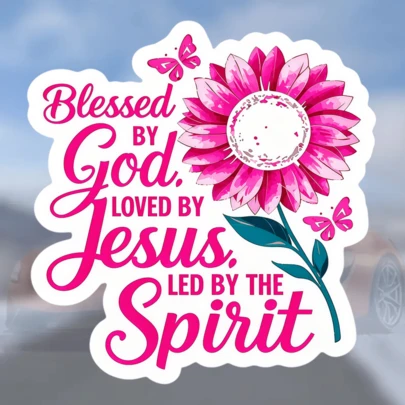 1PC 3 Inch Removable Waterproof Outdoor PVC Durable Vinyl Decal Blessed By God Loved By Jesus Led By The Spirit Pink Flower Butterflies Christian Faith Quote Inspirational Religious Motivational Scripture Sticker Viral