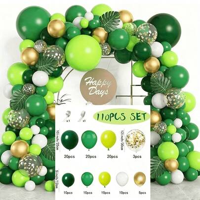[Bộ 110 bóng bay trang trí tiệc chủ đề rừng rậm] Bộ 110 bóng bay trang trí hình vòm theo chủ đề rừng rậm, màu vàng xanh, thích hợp trang trí tiệc săn khủng long, đồ dùng cho tiệc sinh nhật lần thứ nhất theo chủ đề hoang dã.