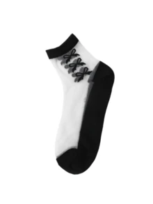 1 Pair Women's Black Crew Socks With Bow Pattern, Thin Transparent Glass Silk Crystal Sweet Korean/Japanese Style, Comfortable Moisture-Wicking, Spring/Summer - Multicolor - View 4