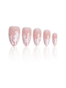 24pcs Summer Fresh Nude Almond-Shaped False Nails Set, Elegant White Floral Pattern, Minimalist Scandinavian Style Glossy Solid Color French Manicure Stickers, Suitable For Daily Wear - White - View 3