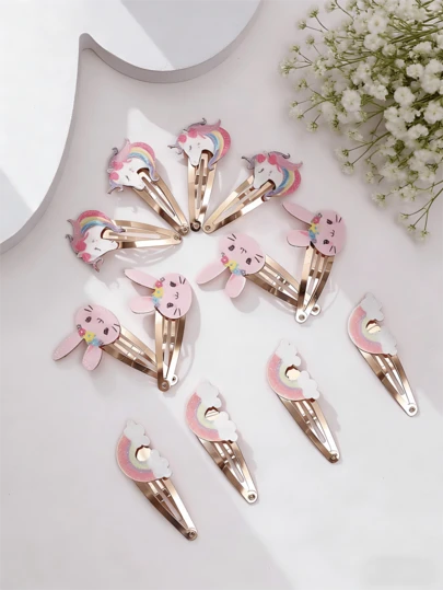 12 chiếc kẹp tóc hình kỳ lân, thỏ, cầu vồng lấp lánh dễ thương dành cho bé gái