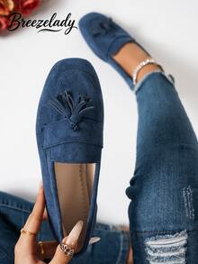Ladies' Elegant Square Flat-Toed Green Suede Tassels And Floral Pendant Loafers Are Suitable For Spring, Summer, Autumn And Winter - Blue - View 1