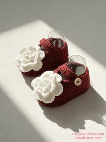 1 Pair Handmade Infant Booties, Green Crochet With White Flower Decor, Snap Closure - Burgundy - View 8
