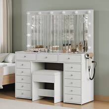 Yanosaku Makeup Vanity Desk With Charging Station, 13 Drawers Vanity With Glass Top & 12 LED Bulbs, HD Mirror With 3-Color Lighting, Vanity Set For Bedroom, White - 查看 6