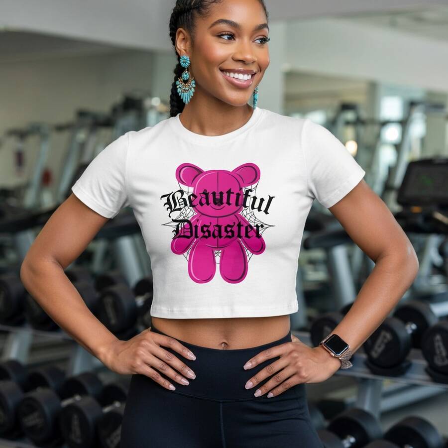 Crop Top Beautiful Disaster Graphic Tee 100% Polyester Comfort Fit - 白色 - 查看 1