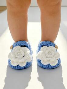 1 Pair Handmade Infant Booties, Green Crochet With White Flower Decor, Snap Closure - Baby Blue - View 7