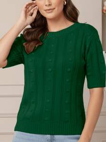 Women's Short-Sleeve Ribbed Knit Blouse, Basic, Casual, Elegant - Verde - Ver 3