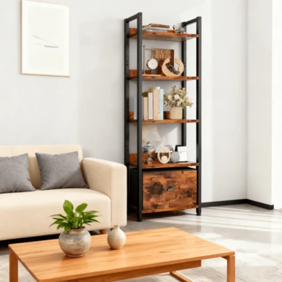 Librería de 5 estantes con cajones, muebles de estilo industrial, acabado vintage, muebles de almacenamiento adecuados para salones, oficinas o dormitorios, con capacidad para libros y objetos decorativos.