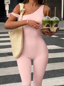 VIVINA Damen Frühling/Sommer einfarbiger asymmetrischer Jumpsuit mit Bindedetail, vielseitig für den Casual Alltag - Babypink - Übersicht 3