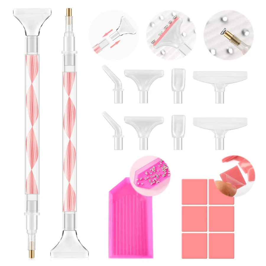 2pcs Rhinestone Picking Tool Set: 2 Rhinestone Picking Handles, Double-Ended Rhinestone Dotting Pen With 12 Upgraded Plastic Replacement Tips, Suitable For Nail Art Crafting - Pink - View 1