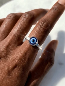 1pc Minimalist Evil Eye Ring For Men & Women, Silver Tone, Sizes 5-10, Blue Nazar Eye Charm With Crystal Rhinestone Inlay, Lucky Protection Amulet Jewelry Gift - 銀色 - 查看 13
