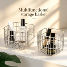 Modern Open Storage Basket - Minimalist Hollow Line Design, Suitable For Vanity, Desktop Organization, Bathroom, Room, Cosmetics And Photography Props Storage Basket, Fashionable Design, Sturdy Structure, Bathroom Storage Organization, Home Storage - Silver - View 2