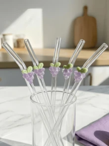 1/2pcs Reusable Glass Straw, Decorated With Cute Purple Grape Design, Fresh Fruit Aroma, Ideal For Cold Drinks, Also A Sweet Gift For Friends And Family. Suitable For Milkshakes, Cocktails, Iced Coffee, Summer Beverages, Pool Parties, Weddings, Graduation Parties, Girls' Parties, Beach Essentials, Photo Props, Easy To Clean, Perfect For Mother's Day, Father's Day Gifts. - 1 - View 3