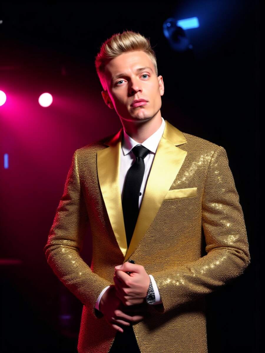 Áo khoác blazer đính sequin cỡ lớn dành cho nam, phong cách hộp đêm, trang phục biểu diễn sân khấu lấp lánh, phù hợp cho người thừa cân. - Vàng - Xem 1