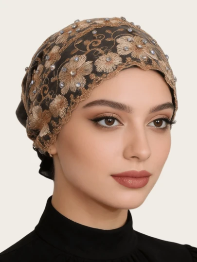 1 pieza Pañuelo musulmán elegante de mujer con doble capa, bordado y decorado con rhinestones, para playa y vacaciones