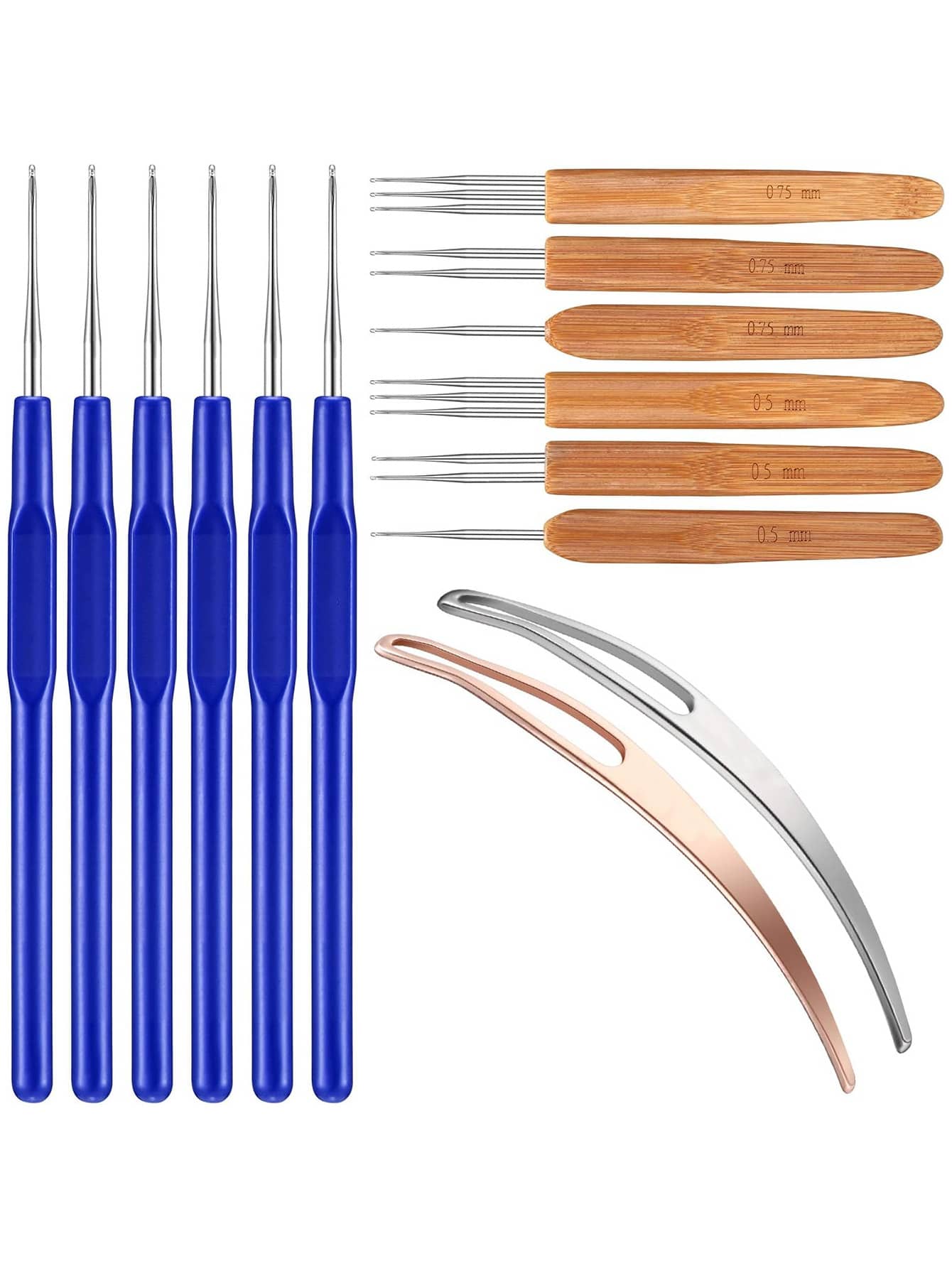 Bộ 14 món kim móc tạo kiểu tóc dreadlock, bao gồm 6 kim móc dreadlock, 2 dụng cụ tạo kiểu tóc, kim móc (0.5mm, 0.75mm), dụng cụ đan móc, kim móc để tết tóc dreadlock (màu xanh dương), bộ dụng cụ tạo kiểu tóc, thích hợp cho lễ hội, tiệc tùng. - Màu xanh lam - Xem 1