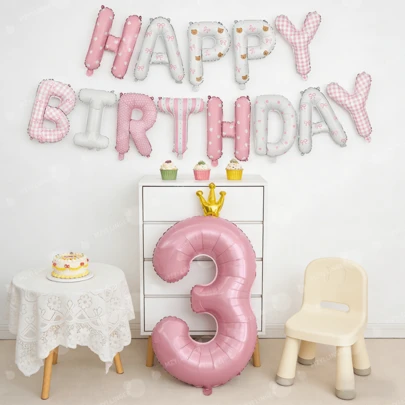 1 Set Pink "Happy Birthday" & 40 Inch Blue Number Foil Balloons, Polka Dot Striped Bow Teddy Bear Happy Birthday Balloons, Suitable For Birthday Party Decoration, Christening, Pink Princess Theme Party And Anniversary Celebration