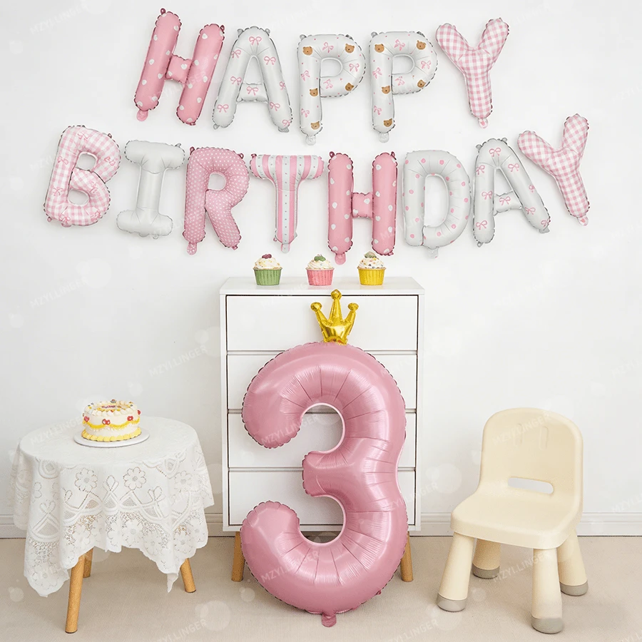 14pcs Pink Fabric Printed "Happy Birthday" Banner And 40-Inch Pink Number Foil Balloon, Suitable For Birthday Party Supplies, Christening Decorations, Shower, Birthday Balloons, Birthday Accessories, Pink Princess Theme Party, Anniversary Celebration