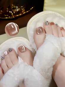 Bộ 24 móng giả vuông ngắn, trong suốt màu hồng nhạt, đính đá lấp lánh hình mắt mèo, thích hợp cho các bữa tiệc, khiêu vũ hoặc sử dụng hàng ngày. - Màu Hồng baby - Xem 3