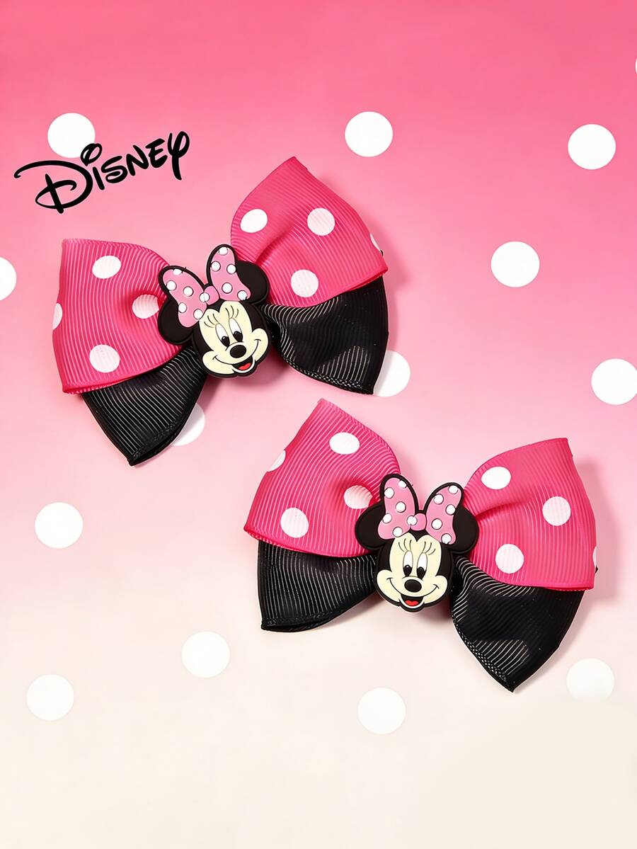 Disney 2pcs Cartoon Polka Dot Bow Hair Clips, Suitable For Daily Wear, Holiday Parties, Mother's Day Gifts, Valentine's Day Outfits, Back To School & Graduation Accessories - Multicolor - View 1