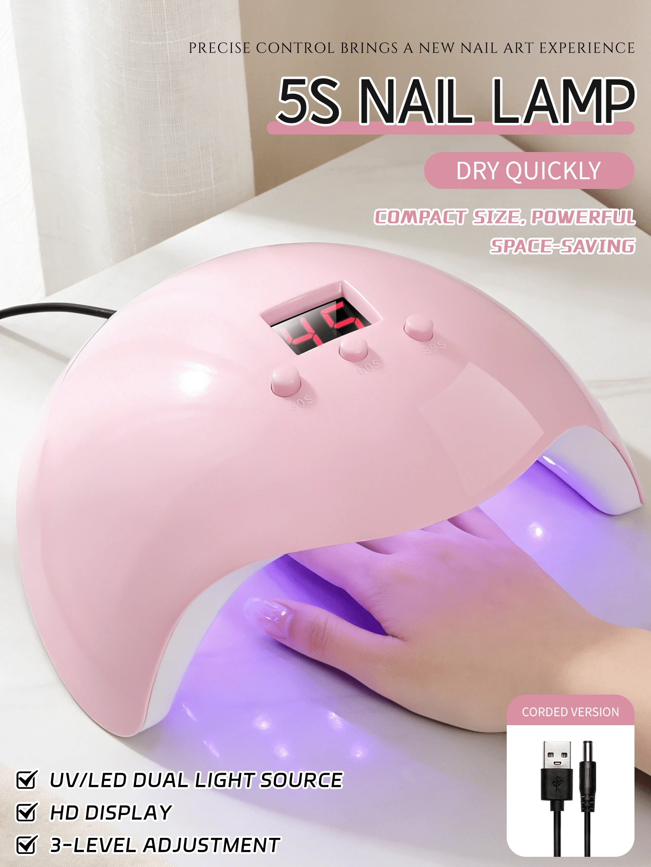 XEIJAYI 1pc Pink UV LED Nail Lamp, 12 LED Bulbs, Professional Nail Dryer, Gel Polish Curing Lamp With 3 Timer Settings