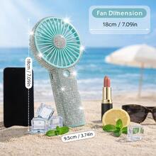 12pcs Portable USB Handheld Fan With Sparkling Crystal Design, Compact 3-Speed Quiet Cooling Fan For Makeup, Commute & Summer Essentials - Diamond-encrusted Green Version - View 5
