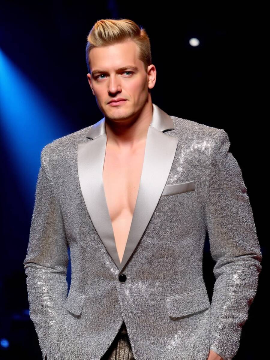 Plus Size Men's Sequin Blazer Jacket, Nightclub Style, Shiny Stage Performance Outfit, Suitable For Overweight Individuals - Silver - View 1
