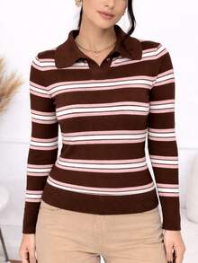 Women's Ribbed Striped Polo Shirt With Long Sleeves, Basic, Casual, And Elegant Style For Winter And Cold Weather. - 鏽棕色 - 查看 3