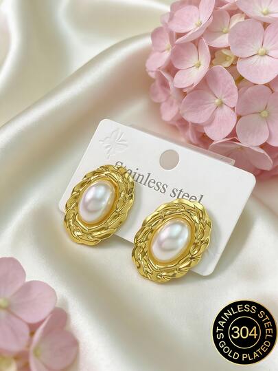 Women's Exaggerated Large Geometric Oval Pearl Earrings, Stainless Steel Gold Earrings, Fashion Jewelry Accessories