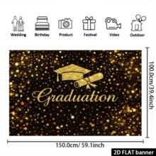Fondo de pancarta de fiesta de graduación en 2D, tema de graduación negro y dorado con elementos de pergamino de diploma brillante y gorra de graduación, decorado con texto "Graduación" y brillo brillante - 1 - Ver 6