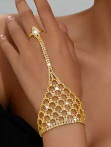 Fashionable Elegant Sexy Women's Personalized Grid Bracelet, Copper Inlaid With Rhinestones, Wrap-Around Bracelet, Finger Chain, Suitable For Balls And Parties (Random Number Of Beads On The Chain) - Gold Luxury Mitten Bracelet - View 3