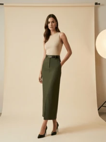 Midi Skirt With Belt High Waist Slit - Army Green - View 7