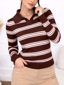 Women's Ribbed Striped Polo Shirt With Long Sleeves, Basic, Casual, And Elegant Style For Winter And Cold Weather. - 鏽棕色 - 查看 5