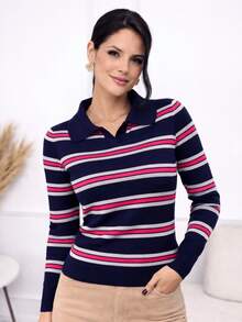 Women's Ribbed Striped Polo Shirt With Long Sleeves, Basic, Casual, And Elegant Style For Winter And Cold Weather. - 藏蓝色 - 查看 5