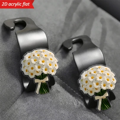 2 Stück/Set - Strapazierfähige Gänseblümchen Muster Sitzhaken, 2D Auto Sitzhaken, versteckte Rücksitz Aufbewahrungshaken, modisches Design, multifunktionale Acryl Harz Auto Accessoires zum Organisieren von Taschen, Flaschen, Rücksitzhaken | Süße Auto Haken