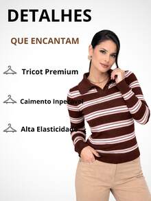 Women's Ribbed Striped Polo Shirt With Long Sleeves, Basic, Casual, And Elegant Style For Winter And Cold Weather. - 鏽棕色 - 查看 2