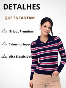 Women's Ribbed Striped Polo Shirt With Long Sleeves, Basic, Casual, And Elegant Style For Winter And Cold Weather. - 藏蓝色 - 查看 2