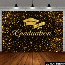 Fondo de pancarta de fiesta de graduación en 2D, tema de graduación negro y dorado con elementos de pergamino de diploma brillante y gorra de graduación, decorado con texto "Graduación" y brillo brillante - 1 - Ver 4