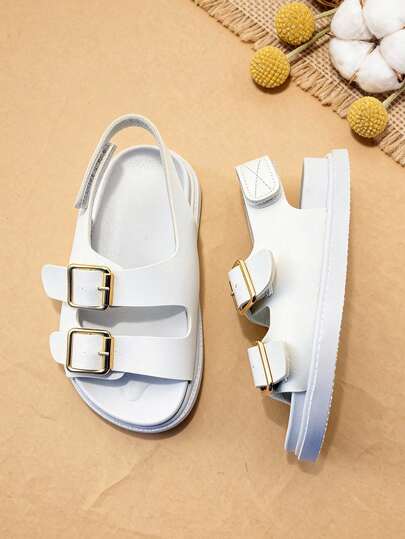 1 Pair Fashion Children's Sandals, Beige Girls' Platform Sandals, One-Strap Wedge Bottom Roman Sandals, Hook And Loop Design Easy To Wear And Take Off, Soft Non-Slip Durable Sole, Suitable For Summer Outings, Banquets, Parties, Vacations