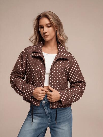 HZXVIC Chic Women's Polka Dot Zip-Up Jacket With Collar And Long Sleeves Casual Fashion Outerwear For Everyday Style Spring