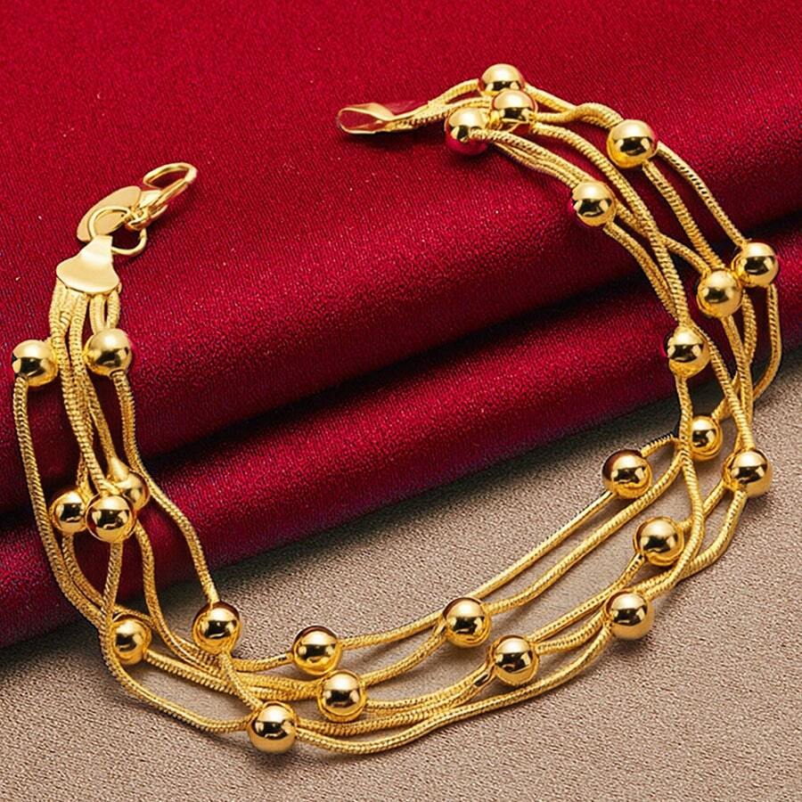 Pulsera de cadena de cinco serpientes chapada en oro de 18K con cuentas lisas, joyería - Dorado - Ver 1