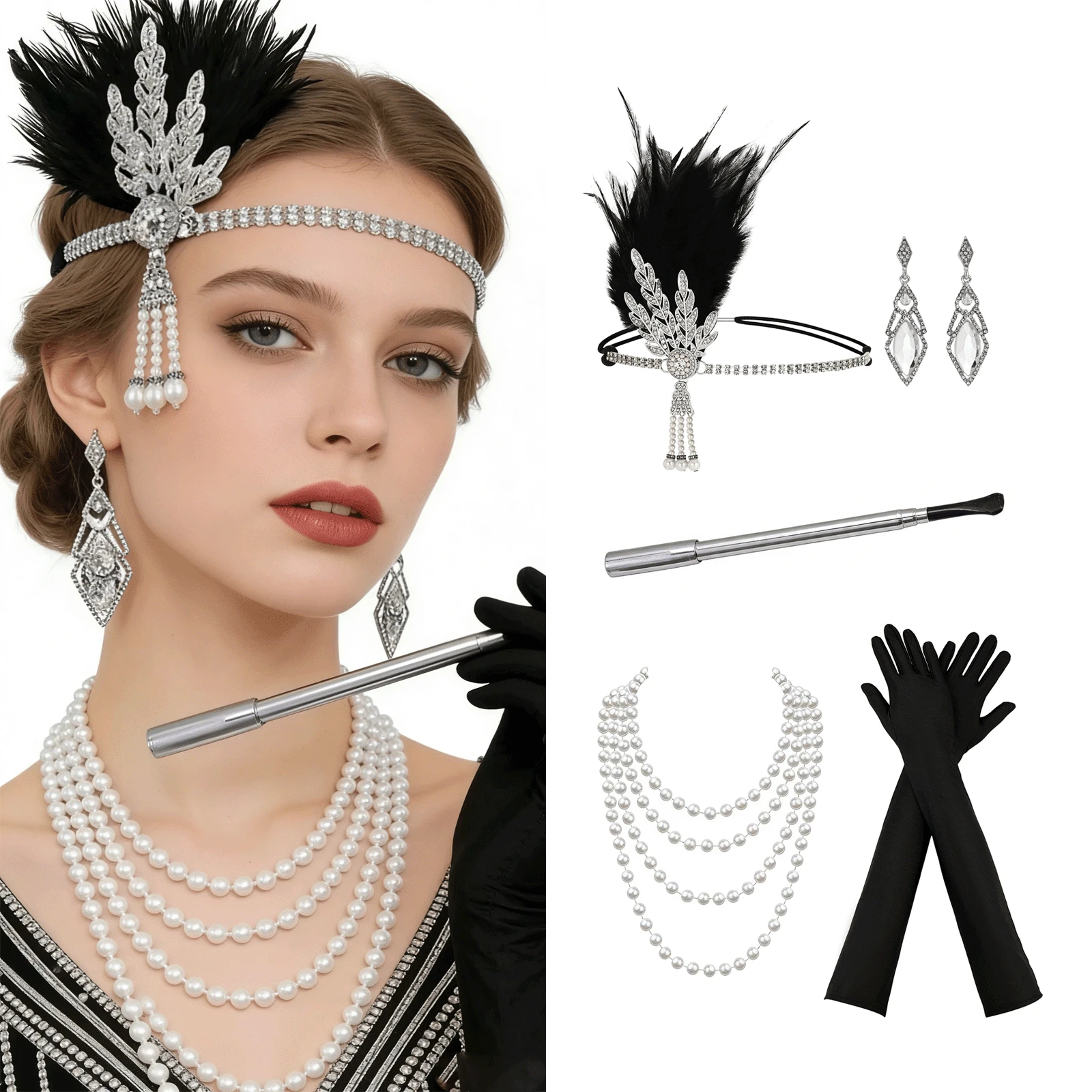 Bộ trang phục nữ phong cách thanh lịch thập niên 1920 gồm 5 món, thích hợp cho tiệc Halloween, dạ hội, tiệc độc thân, hoặc làm quà tặng cho gia đình và bạn bè. - Nhiều màu - Xem 1