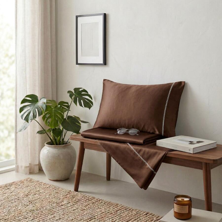 Set Of 2 Micropercal Pillowcases, 400 Thread Count, Hemstitch, 70x50cm, Soft Touch, Luxury And Comfort. - BROWN - View 1