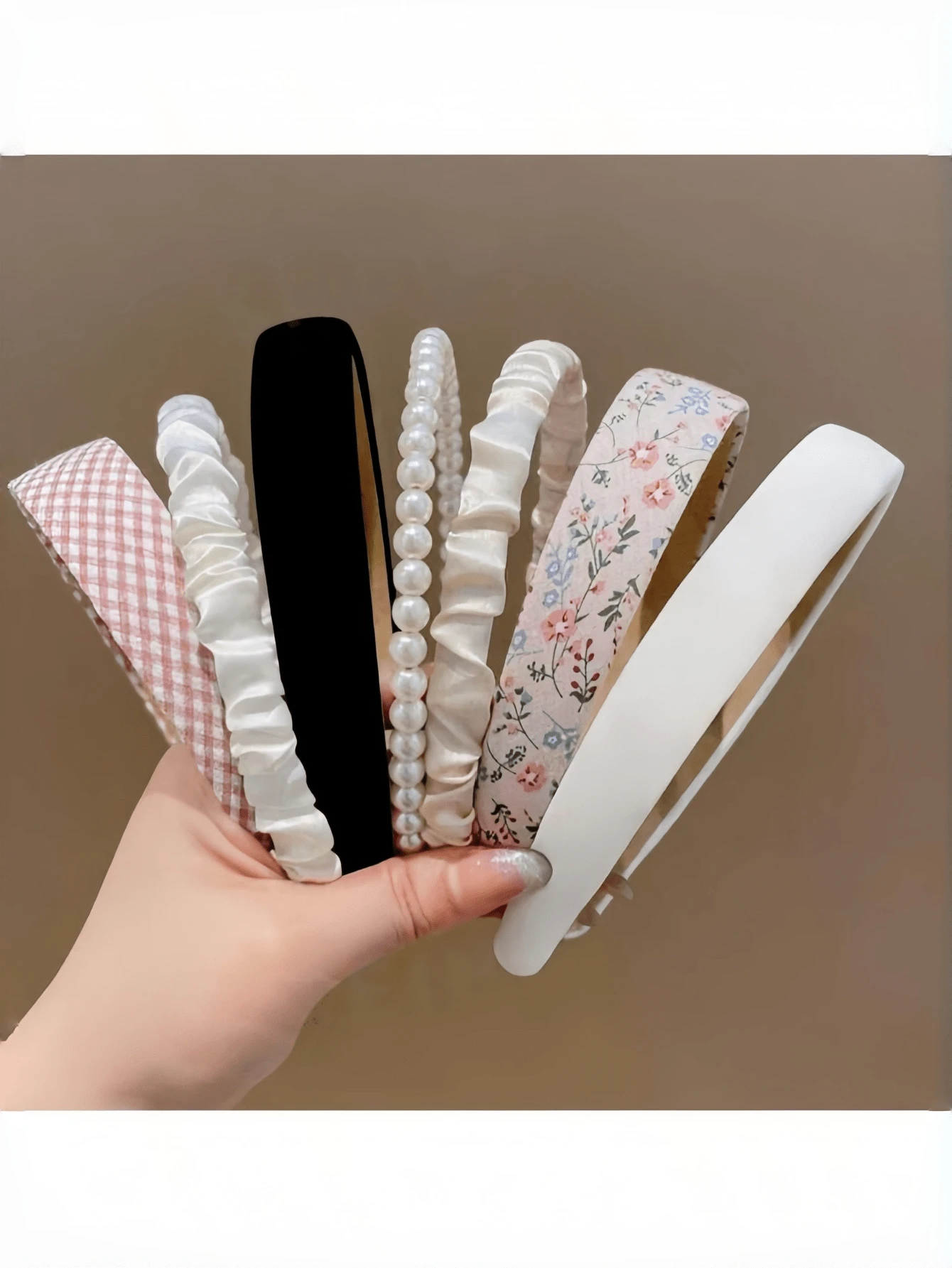 7件套女士发饰，包括发圈、发带、发夹、发绳，用途广泛，夏季时尚头饰，时尚装饰发带发箍 - [香檳褶皺+白褶皺]7pcs/6171542 - 查看 1